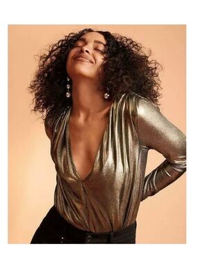 Express Metallic Plunge Long Sleeve Bodysuit Gold Size Medium